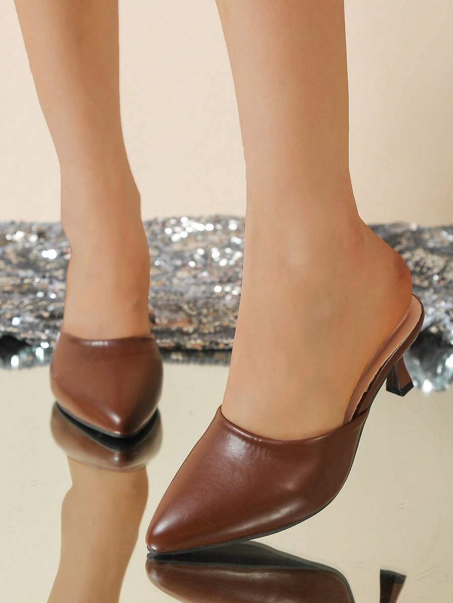 2026 Spring/Summer New Korean Style Pointed Toe Thin Heel Slip-On Sandals, French Elegant Closed Toe High Heels - Brown - View 1