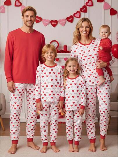 Family Matching Valentines Pajama Set, Heart Long Sleeve Tops And Pants Sleepwear Outfits