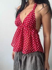 Women's Polka Dot Halter Neck Deep V Backless Peplum Tank Top Multi-Color - Đỏ - Xem 4