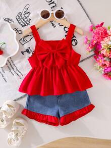 2pcs Baby Girl Outfit: Bow Tie Waist Button Back Camisole Top And Contrast Color Ruffle Trim Denim Shorts Set - Red - View 2