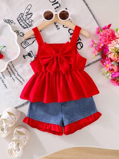 2pcs Baby Girl Outfit: Bow Tie Waist Button Back Camisole Top And Contrast Color Ruffle Trim Denim Shorts Set