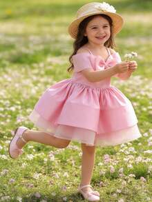 XUMPLO Young Girl' Cute Spaghetti Strap 3D Bow Layered Tulle Party Dress, Flower Girl Dress, Puff Skirt, Wedding, Birthday Party, Photo Shoot, Spring/Summer - Pink - View 2