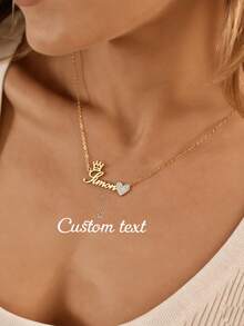 定制款白色锆石皇冠心形名字项链，不锈钢镀层字母吊坠项链，适合作为送给女性和女孩的礼物 - 款式3-金色 - 查看 3