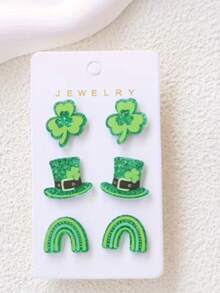 圣帕特里克节亚克力耳环套装（3对装） - 绿色三叶草、小妖精帽、彩虹耳钉 - 不锈钢耳钩，可爱节日配饰，适合派对和庆祝活动 | 闪亮节日珠宝 | 春季必备 - 綠色2 - 查看 3