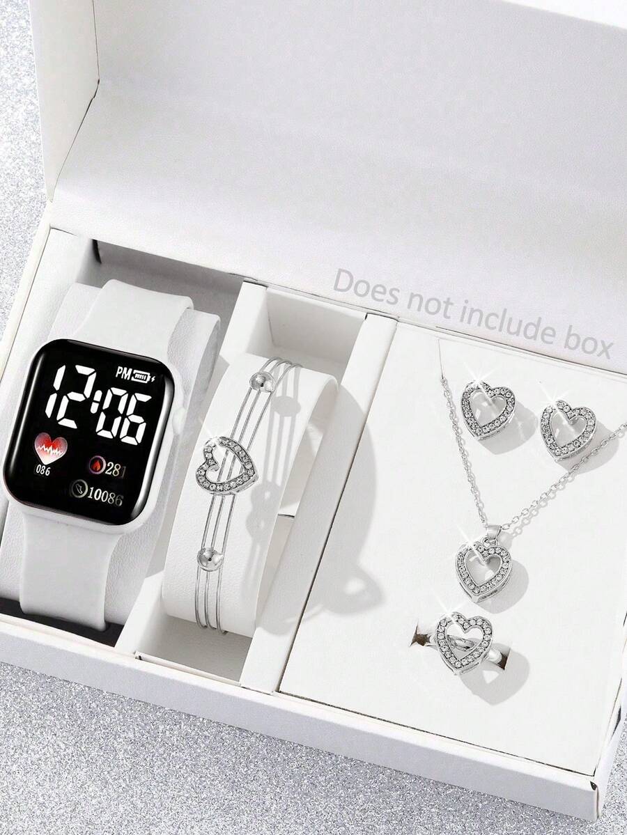Bộ 6 món đồng hồ thể thao nữ màu trắng hình trái tim và số kỹ thuật số kèm bộ trang sức nơ đính đá sang trọng.