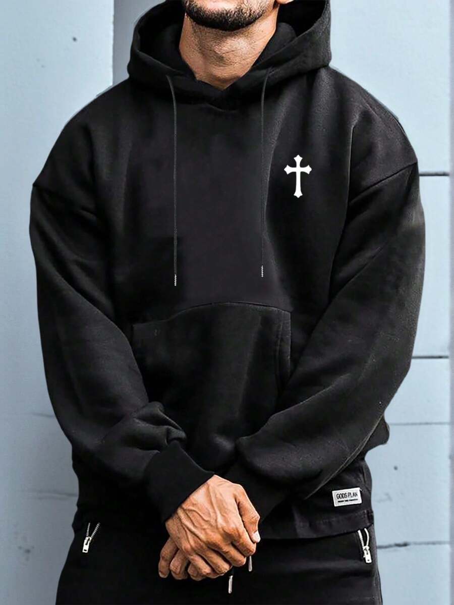 Sudadera Con Capucha Casual Minimalista Con Estampado De Cruz Y Cordón, Con Bolsillo, De Vuelta Al Colegio, Para Otoño E Invierno, Parte Superior De Manga Larga Para Hombres - 黑色 - 查看 1
