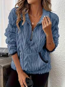 大码秋冬新款欧美风翻领毛绒短款拉链口袋卫衣 - 淺藍色 - 查看 5