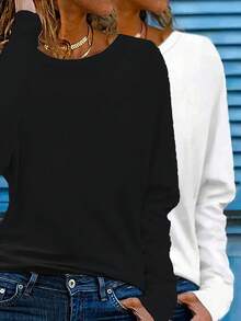 2件装女士长袖T恤，纯棉圆领上衣，女士衬衫，秋冬季，冬季内衬 - 彩色 - 查看 5