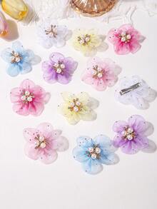 Set de 10 piezas de pasadores de pelo con malla y cristales de colores para niñas, accesorios de pelo con decoración de flores lindas para el flequillo, para uso diario - Multicolor - Ver 7