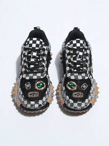 Women's Black & White Checkered Rhinestone Letter Embellished Chunky Serrated Sole Low-Top Casual Sneakers - Black and White - View 5