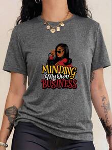Plus-Size Printed Women's Handbag, Fashion Glasses, "MINDING My Own BUSINESS" Graphic T-Shirt - Grey - View 1