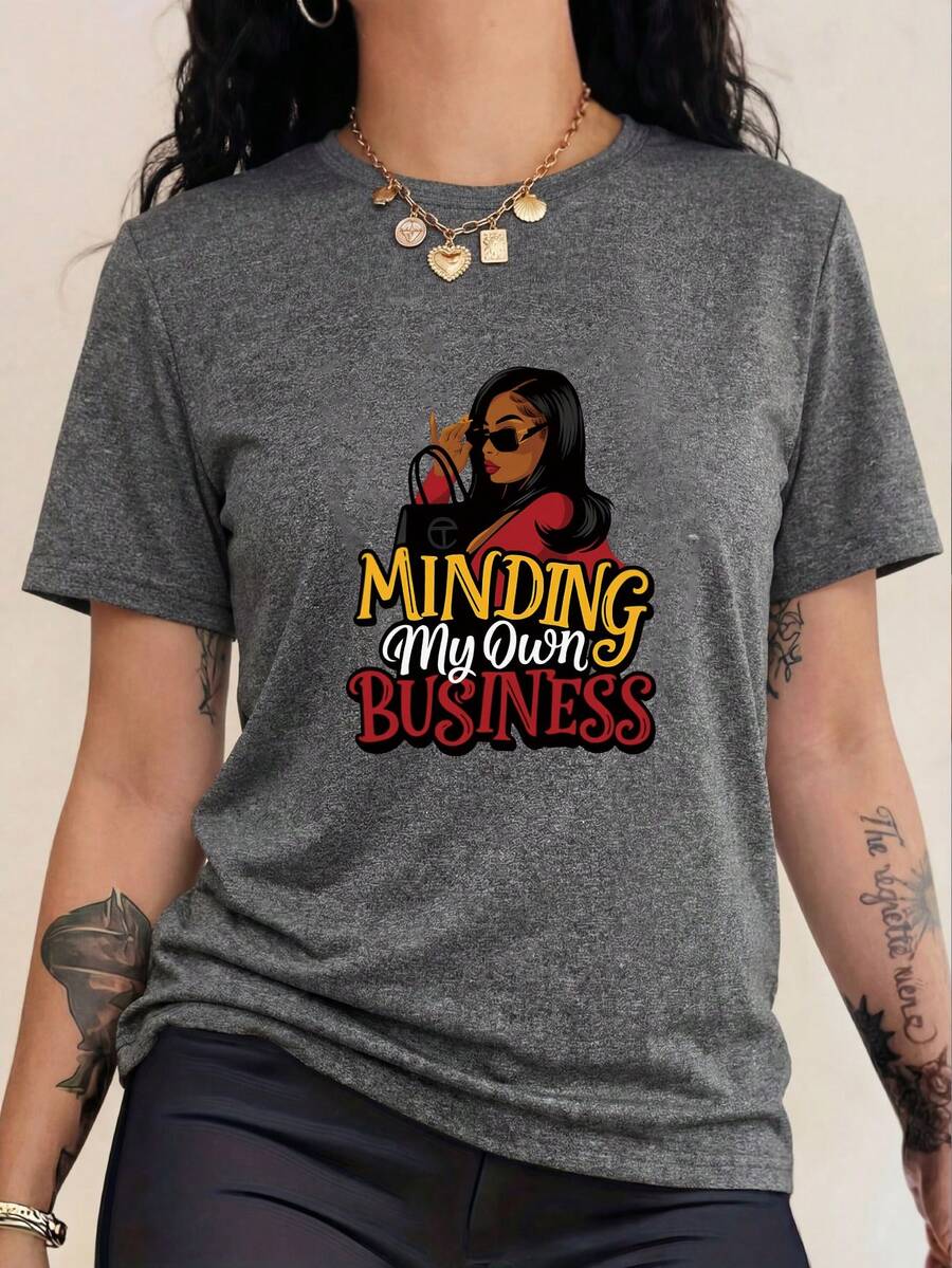 Plus-Size Printed Women's Handbag, Fashion Glasses, "MINDING My Own BUSINESS" Graphic T-Shirt - Grey - View 1