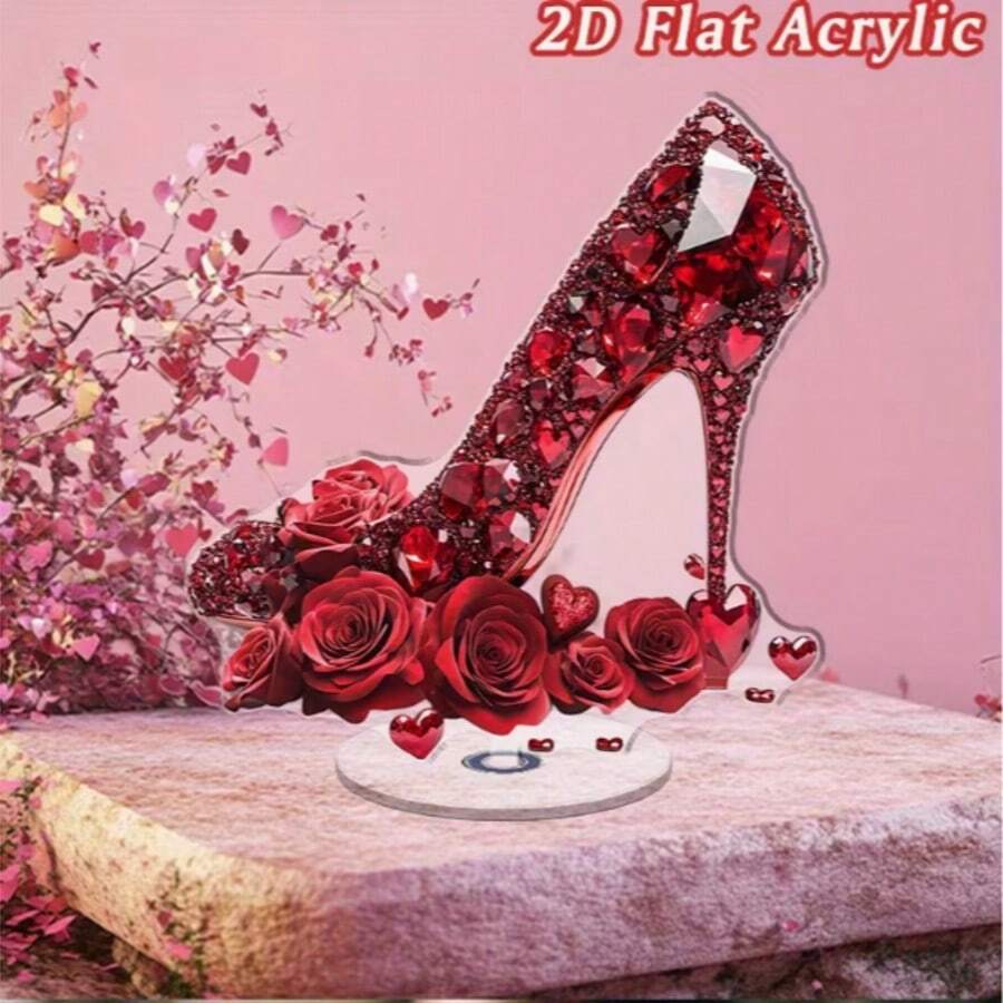 Decoração de Mesa Acrílica Plana e Giratória - Saltos Altos Vermelhos com Cristais Cintilantes, Rosas e Corações - Decoração de Sapato Giratório 2D para Presente do Dia dos Namorados, Acessório de Moda Adequado para Casa e Escritório, Sem Necessidade de Eletricidade, Plano 2D