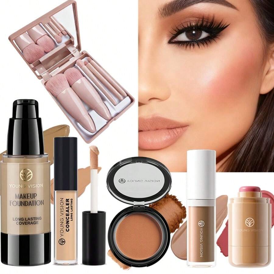 YOUNG VISION 10-Piece Facial Makeup Sets: 1 Tube Of Dark Matte Long-Wearing Foundation & 1 Concealer & 1 Blush Stick & 1 Contour Liquid & 1 Waterproof And Sweat-Proof Matte Bronze Contour Powder & 5 Facial Makeup Brushes For Makeup Sets - 彩色 - 查看 1
