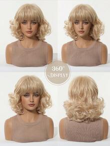 12英寸金色短卷发假发，带刘海，复古甜美风格，自然合成假发，适合女性日常、派对、婚礼和其他场合。 - 金色 - 查看 6