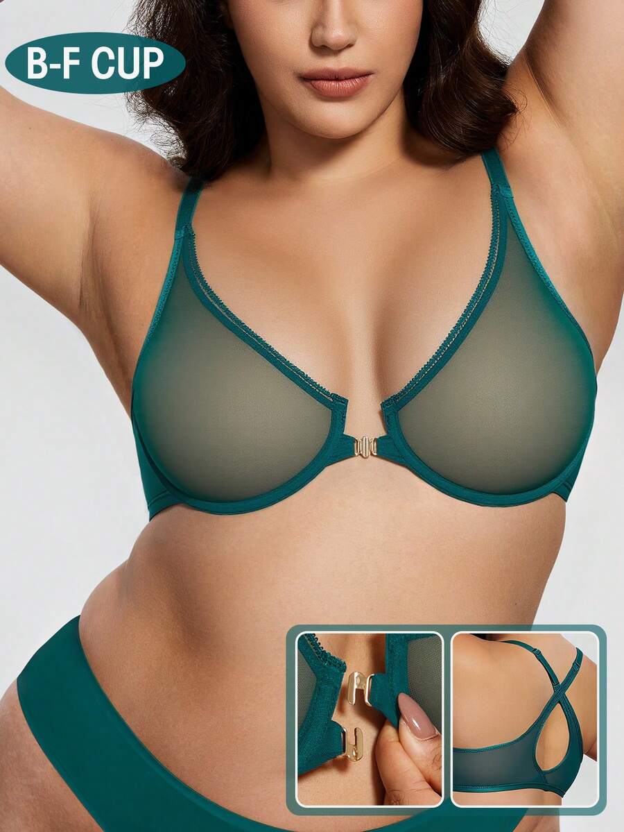 Wingslove Women's Deep V Front Closure Sheer Bra, Sexy Underwire Unlined Criss-Cross Strap Backless Design - Green - View 1