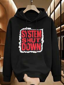 Sweat-shirt à capuche imprimé << System Shutdown », printemps, tissu premium, maille courte, respirant, style streetwear hip-hop, imprimé artistique - Noir - Voir 2