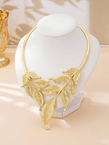 1件夸张优雅的树叶颈链，适合派对、宴会和日常佩戴 - 金黃色 - 查看 4