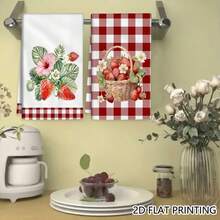 2pcs Strawberry Basket Red White Plaid Kitchen Towels | Decorative Themed Towels, Dish Cloth, Home Decoration, Gift Towels, Polyester, Hand Wash Only - Multicolor - View 1