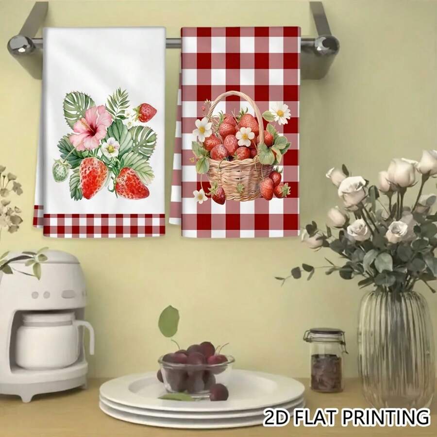 2pcs Strawberry Basket Red White Plaid Kitchen Towels | Decorative Themed Towels, Dish Cloth, Home Decoration, Gift Towels, Polyester, Hand Wash Only - Multicolor - View 1