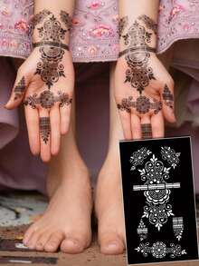 Hana手绘镂空纹身模板 极简主义 Hana新娘优雅蕾丝曼陀罗花卉图案贴纸 适用于手部、脚部、肩部、颈部、锁骨 半永久性假纹身贴纸 1包 - 黑色 - 查看 8