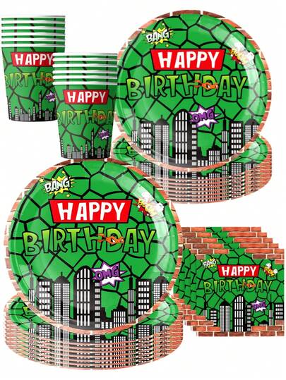 50Pcs Teen Mutant Turtles Themed Happy Birthday Party Supplies Set - Green Turtle Shell & City Skyline Pattern Disposable Paper Plates Cups & Napkins | Festive Tableware For Kids' TMNT Birthday Parties, Superhero Themed Gatherings & Cartoon Style Celebrations | 'Happy Birthday' & Comic Sound Effects Decor For Children's Party Favors, Home Party Decoration & Celebration Essentials