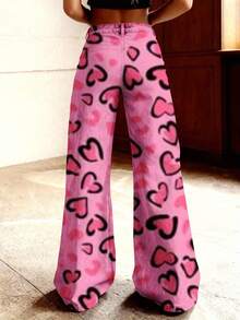 Women's Vintage Wide-Leg 3D All-Over Denim Pants With Pink Hearts & Black Outlines - Winter Warmth Long Trousers, Button Closure For Casual Outfits, Parties, And Daily Wear (Machine Washable) - Slim-Fit European/American Style - 彩色 - 查看 3