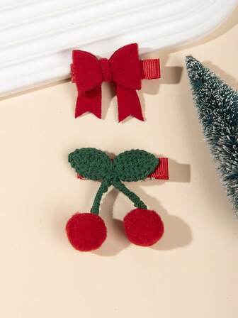 2个/套 儿童发夹 - （蝴蝶结/樱桃/星星/蝴蝶），红色PU皮革，女孩发饰礼物，适合作为时尚首饰礼品