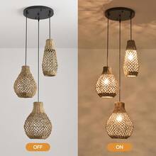 Bohemian Farmhouse Handwoven Rattan 3-Light Pendant Light, Adjustable Hanging Lamp Fixture Suitable For Bedroom, Kitchen, Farmhouse, E27 Bulb Socket, Semi-Flush Mount (Bulbs Not Included)