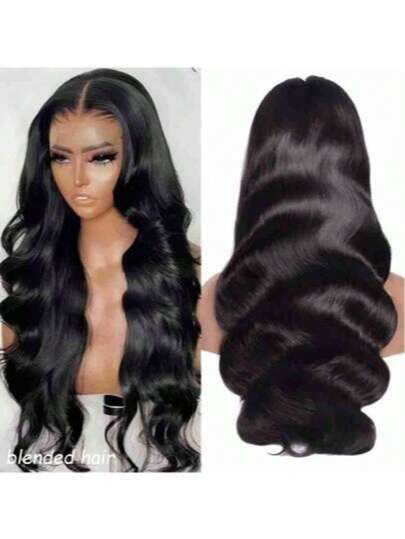 34英寸自然黑180%密度无结假发，无需胶水，真人发混纺预拉伸预剪裁13x4高清蕾丝闭合假发，真人发混纺水波纹蕾丝前假发，女士可佩戴假发，10-36英寸