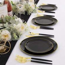 2/10/20/25/50pcs Black Rimmed Dinnerware Set, Black With Gold Rim Plates & Bowls, Suitable For Birthday, Party, Banquet, Dinner, Holiday Celebration, New Year Event, Catering - Black With Gold Trim - View 2