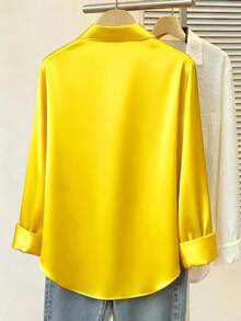 Plus Size Women Casual Satin Button-Up Shirt Spring - Yellow - View 2