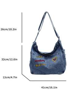 1个休闲简约大容量牛仔布手提包，简约百搭单肩/斜挎购物包 - 淺藍色 - 查看 11