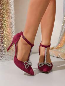 Women's T-Strap Rhinestone Bow High Heels, Burgundy Pointed Toe Hollow Out Stilettos, Fashion Party Wedding Date Night Club Pumps, Comfortable All Season - Burgundy - View 4
