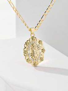 1pc Classic European Style Copper Inlaid Zirconia Rose Guadalupe Virgin Mary Pendant Necklace, Limited Edition, Suitable For Christmas, Thanksgiving, Halloween, Mother's Day, Valentine's Day, Gifts For Couples, Friends, Godparents, First Holy Communion, Daily Wear And Prayer - Yellow Gold - View 5