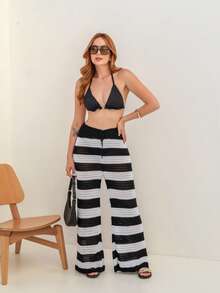 Beach Cover-Up Pants, Drawstring, Striped, Crochet, Blogger Style, Luxury Knitwear, Elegant, Women's Fashion, Summer, Casual, Beach Vacation - 奶油色 - 查看 5