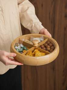 1个带防尘盖的木质托盘，分隔式圆形储物托盘，咖啡厅甜点托盘，储物盘，蛋糕和小吃盘，适合开斋节、情人节、中国新年等节日使用。 - 彩色 - 查看 3