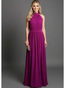 Bridesmaid Dress For Parties, Guests, Receptions, Graduations, Without Glitter, In A Flowing Fabric, High Neck, Without Glitter. - 玫瑰紅 - 查看 2