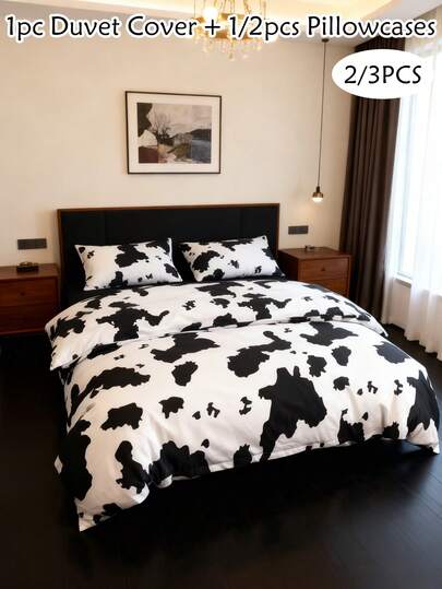 Juego de funda nórdica de 2/3 piezas con estampado de vaca blanco y negro 100% algodón, juego de ropa de cama moderna adecuado para habitaciones de invitados y dormitorios, suave y transpirable, lavable a máquina, disponible en tamaños grandes y extra grandes (1 funda nórdica + 1/2 funda de almohada, relleno no incluido)