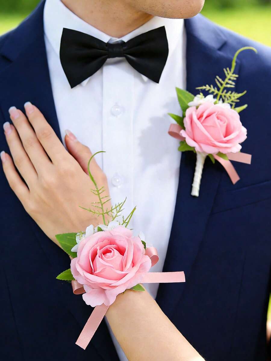 Wedding Boutonniere Set, Artificial Flower Bracelet, Homecoming Corsage Bracelet, Men's Boutonniere, Wedding Floral Accessories, Prom Suit Decoration - Multicolor - View 1