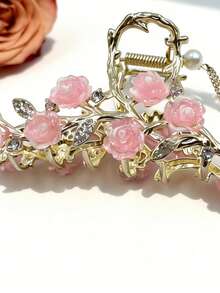 Presilha de cabelo Y2K Sweet Girl * Estilo romântico de primavera com rosa rosa, strass e borla de pérolas em dourado. Design requintado, perfeita para passeios de primavera, jantares românticos, looks com Hanfu, chá da tarde com a melhor amiga, estilo streetwear de férias. Acessório de cabelo versátil e elegante, com presilha de garra para um visual casual e sofisticado. - Multicolorido - Ver 7