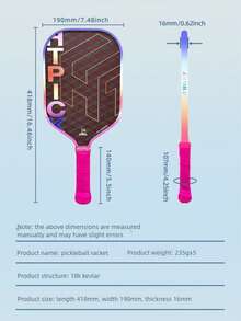 HTPICK 1 buah Raket Pickleball Serat Karbon Kawat Titanium Warna-warni, Raket Matte Bertekstur Dingin, Tebal 16mm, Sangat Ringan, Daya Ledakan yang Kuat, Cocok untuk Pemain Pemula dan Mahir - MultiWarna - View 13