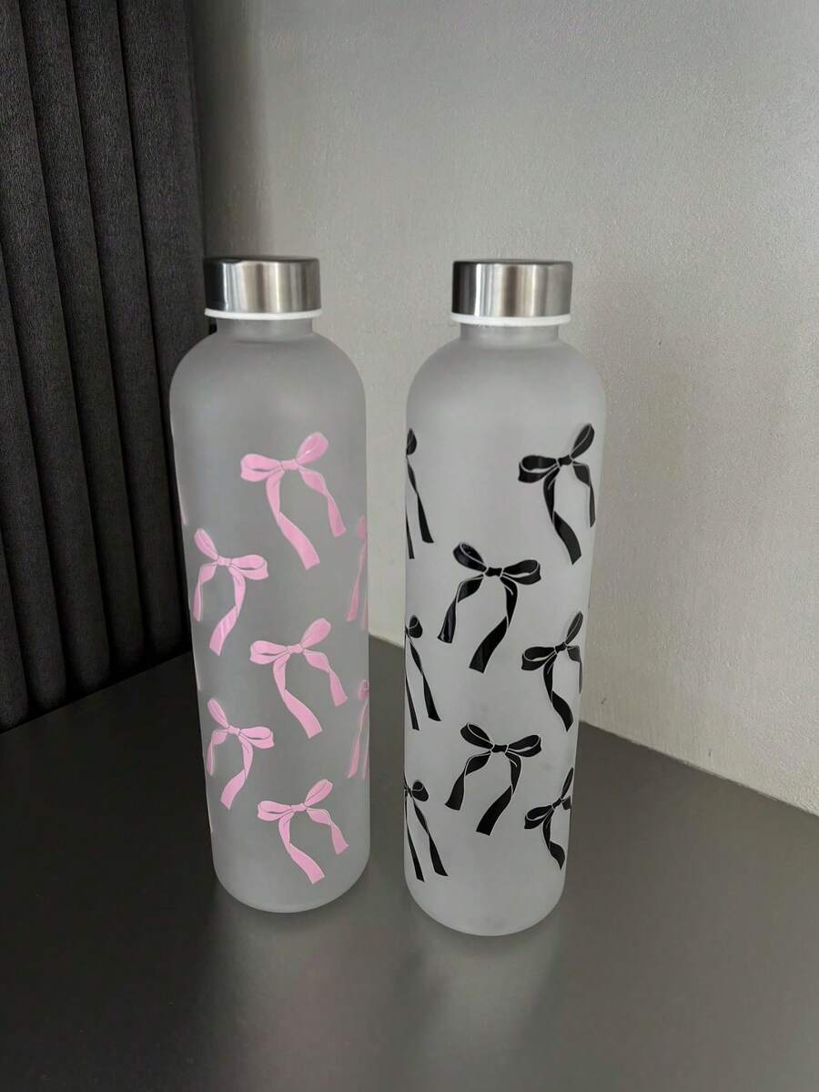 1000ml Matte PC Water Bottle. Original Bow Print Design | Stainless Steel Sports Cap. Leak-Proof, Suitable For Gym Use, Fashionable Sports Essential, Suitable For Travel, Outdoor Activities, Camping, Outdoor Sports And Fitness, Student Portable Water Bottle, And Back To School Water Bottle. - Multicolor - View 1