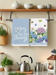 2条水彩蓝色波西米亚几何柠檬绿桉树叶薰衣草图案春夏农舍风厨房毛巾/洗碗布/节日派对用品/浴室手巾，适用于厨房、餐厅和餐桌 - 霧霾藍 - 查看 3