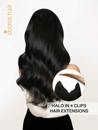 DOORES 光环式接发，真人发丝，12-22英寸，70-120克，隐形钢丝，100%真人发丝，自然黑色光环式接发，配有可调节夹子和隐形钢丝，适合日常佩戴，易于佩戴，隐形美观，适合冬季、圣诞节、角色扮演、校园和约会之夜等场合。