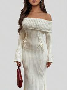 Sedessea 女士新款单肩系带喇叭袖蝴蝶结腋下钩编纹理修身优雅时尚高端简约复古户外晚宴针织毛衣连衣裙，秋冬款 - 杏色 - 查看 1