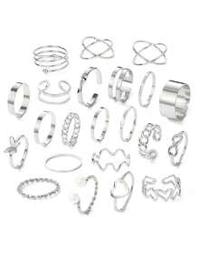 22PCS Stacking Rings Set For Women -Heart/Butterfly/Pearl Knuckle Rings - Adjustable Stackable Midi Rings For Party Daily Wear - Silver - View 4