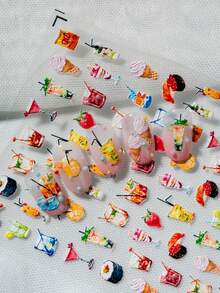 1 Sheet Fresh And Vibrant Food & Beverage Themed Nail Art Stickers, Featuring Various Drinks, Ice Cream, Strawberry, Sushi And Other Cute Food Elements, Bright And Refreshing Summer Vibe, Suitable For Personal DIY And Nail Decoration