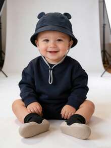 2Pcs Baby Bucket Hat & Silicone Anti-Slip Socks Set - 6-36M Unisex Cute Ears Drawstring Windproof Sun Protection Black Pink - Multicolor - View 2