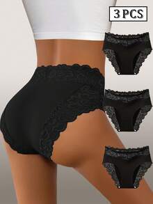 3条装蕾丝拼接系列无痕内裤，优雅透气柔软面料，时尚全包臀内裤，女士三角裤 - 黑色 - 查看 9